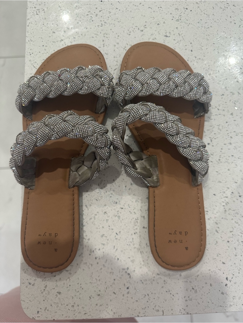 a new day Braided Crystal-Embellished Slide Sandals in Silver
